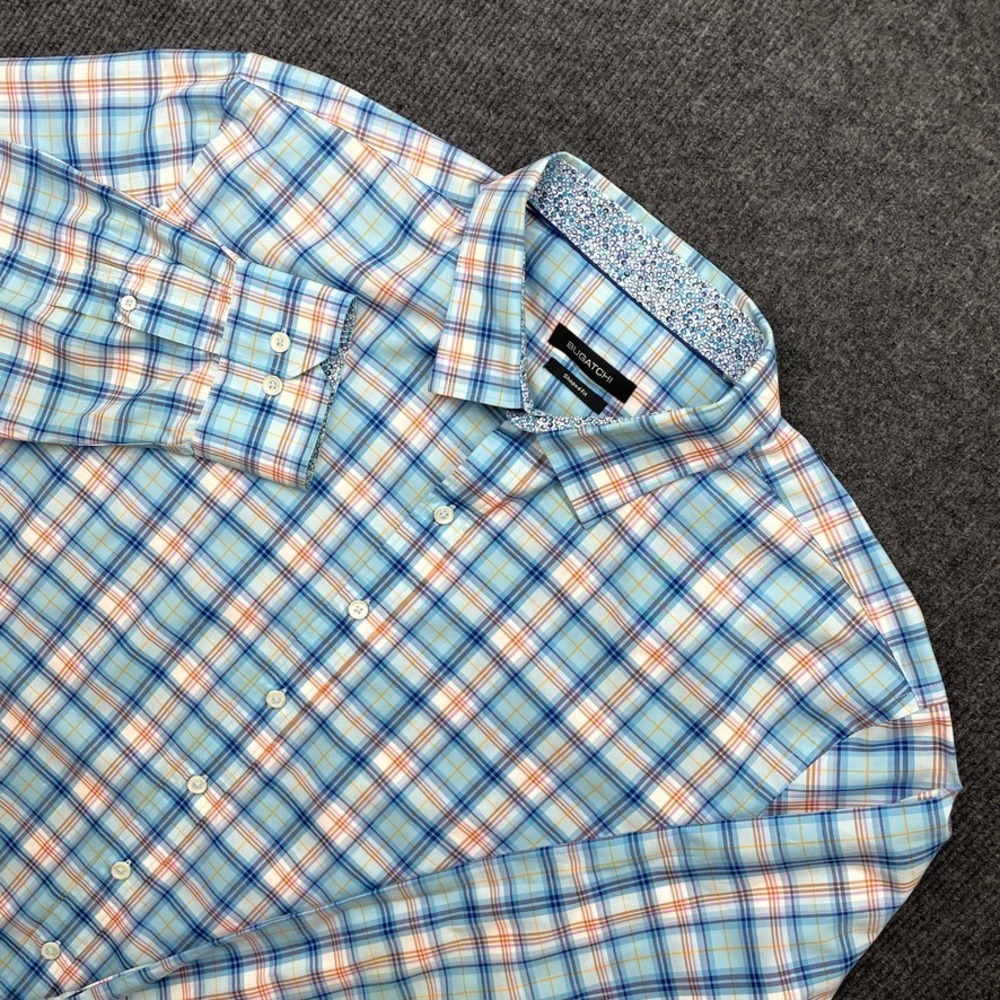 Bugatchi Mens Shaped Fit Plaid Button Down Shirt Blue Orange Cotton Blend XL